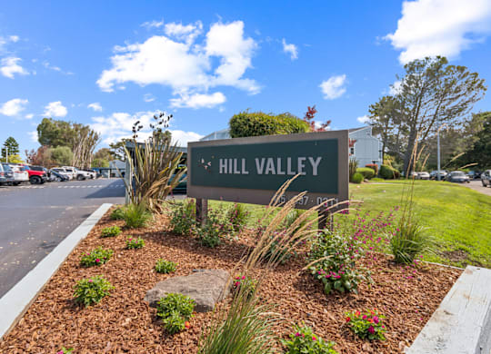 A sign that says Hill Valley in front of a parking lot.