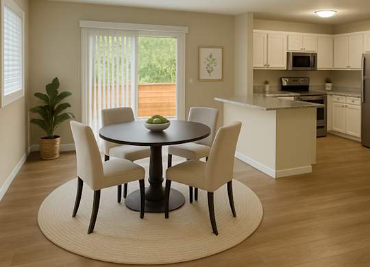 A dining room with a round table and chairs.