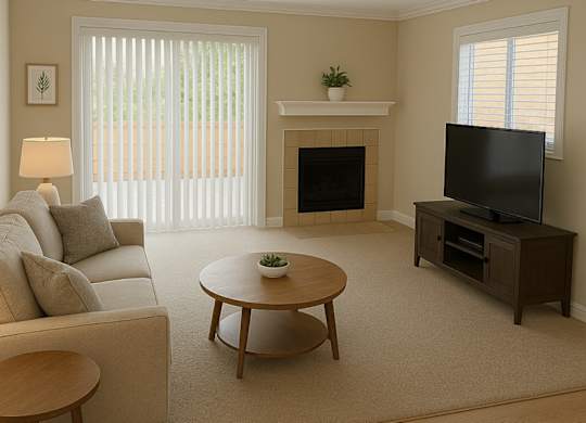 A living room with a fireplace, a couch, a coffee table, and a television.