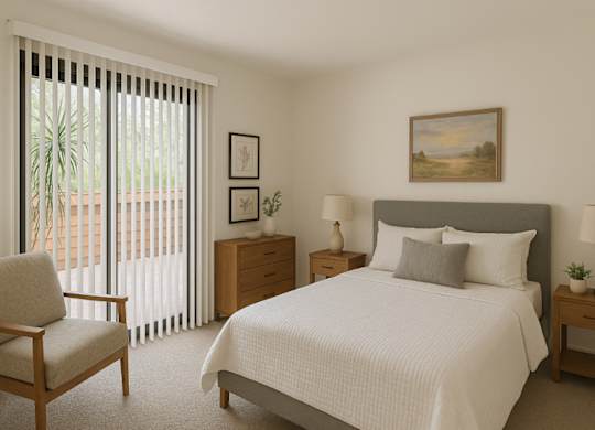 A bedroom with a large bed, a chair, and a painting on the wall.
