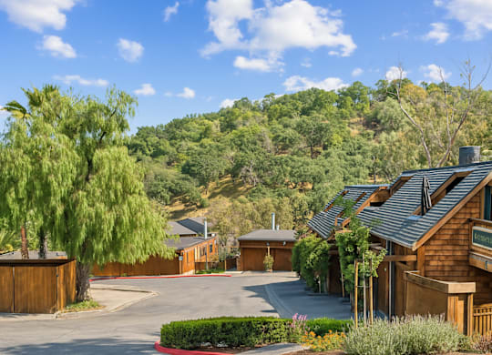 A residential area with houses and trees.