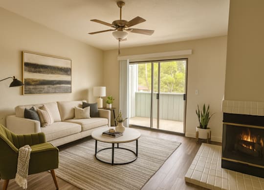 A living room with a fireplace, a sofa, a chair, a coffee table, and a painting on the wall.