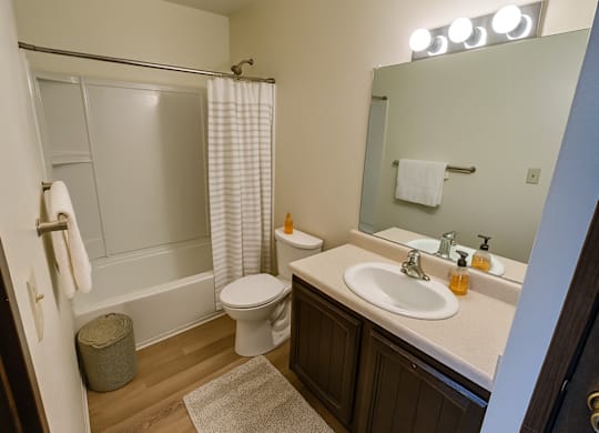 A bathroom with a toilet, sink, and shower.