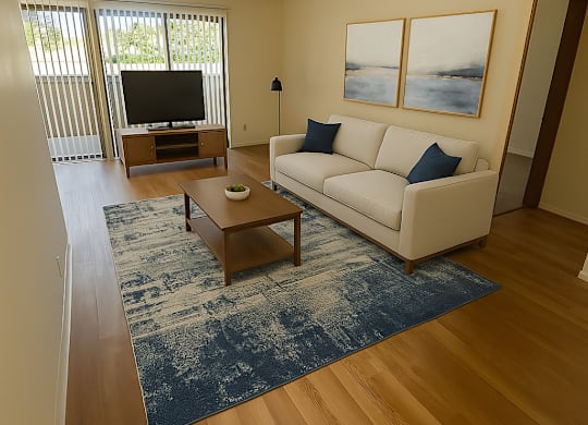 A living room with a white couch and a coffee table.