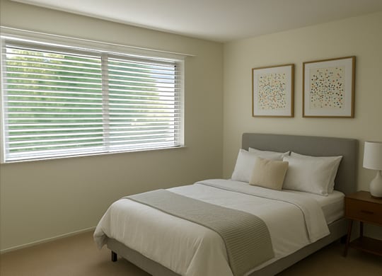 A bedroom with a bed, nightstand, and two pictures on the wall.