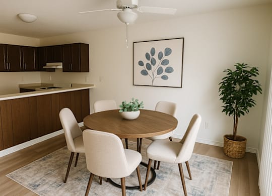 A dining room with a round table and chairs.