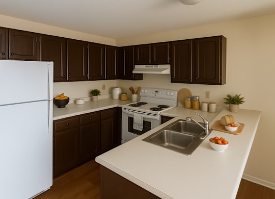A white refrigerator is in a kitchen with brown cabinets.