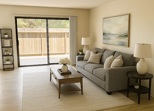 A living room with a grey couch, a coffee table, and a painting on the wall.