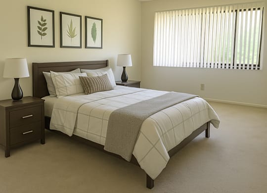 A bedroom with a bed, nightstands, and pictures on the wall.