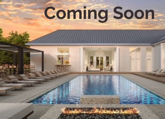a home coming soon banner with a swimming pool in the foreground and a sunset in the background