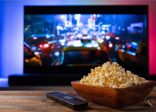 A bowl of popcorn sits in front of a television displaying a city street scene.
