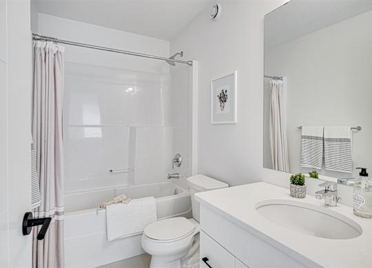 A white bathroom with a toilet, sink, and shower.
