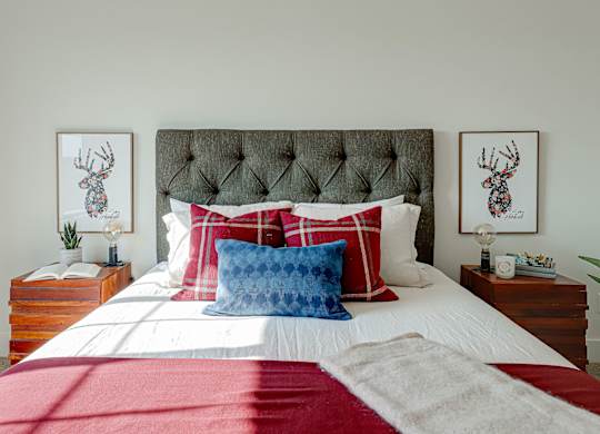 A bed with a red blanket and a blue pillow is in the foreground.