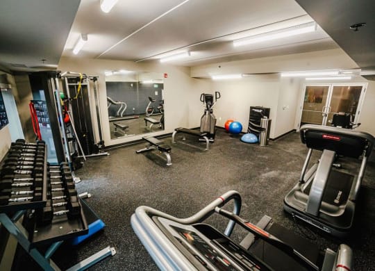 a gym with treadmills and other exercise equipment in a home gym