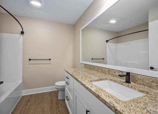 A bathroom with a sink, toilet, and mirror.