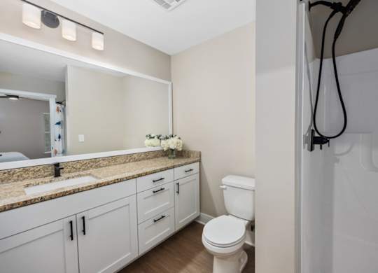 A white toilet sits in a bathroom next to a sink and mirror.