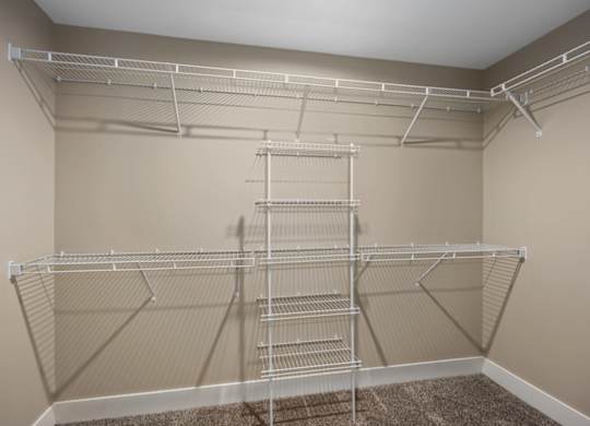 A large, empty walk-in closet with a carpeted floor and metal shelving.