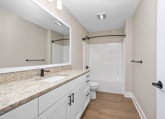 A bathroom with a sink, mirror, toilet and wooden floors.