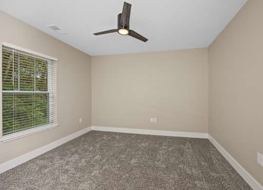 A room with a ceiling fan and carpeted floor.