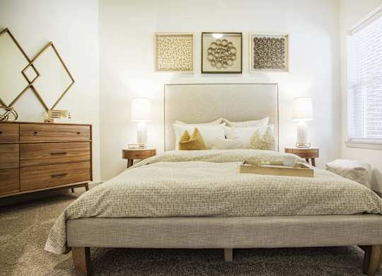 A bedroom with a large bed, a wooden dresser, and a mirror.