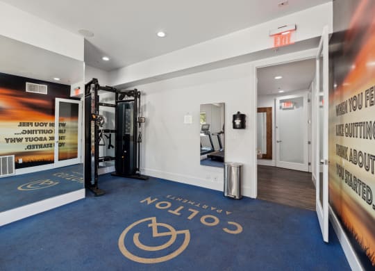 a gym with a blue carpet with the logo of the volitions