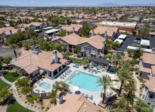 an aerial view of a pool and houses in a neighborhood