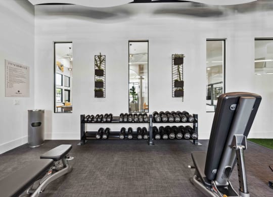 a gym with exercise equipment and mirrors on the wall
