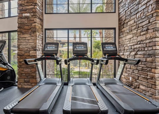 a fitness center with a row of exercise machines and windows