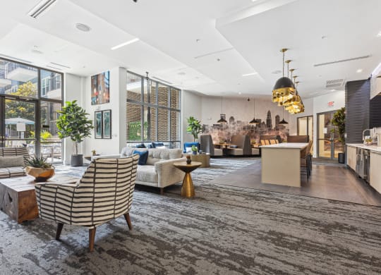 a large lobby with couches and chairs