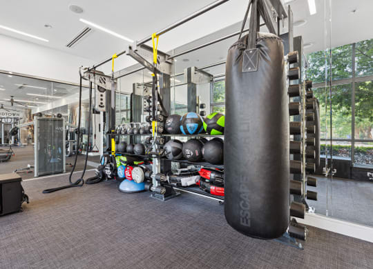 a large punching bag hangs in the corner of a gym