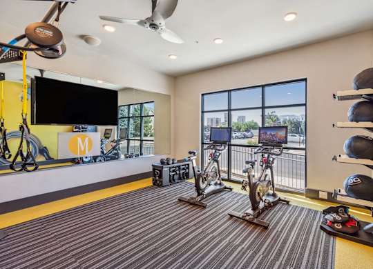 A gym with a variety of exercise equipment including treadmills, stationary bikes, and weight racks.