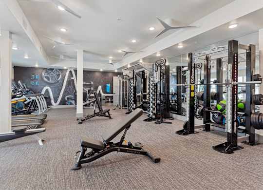 A gym with a variety of equipment including treadmills, weights, and exercise machines.