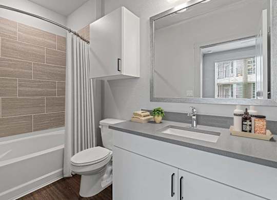 A bathroom with a toilet, sink, and a mirror.
