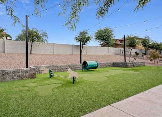 A small green lawn with a swing set and a green barrel.