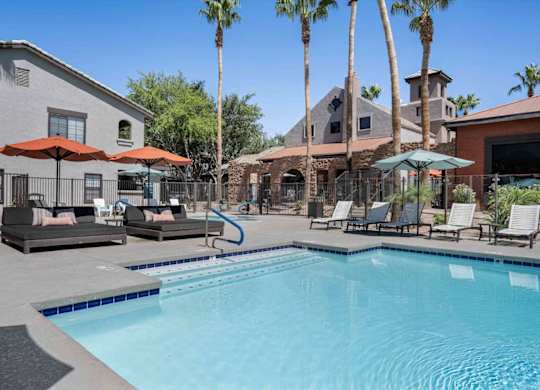 A pool surrounded by palm trees and lounge chairs.