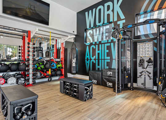 A gym with a variety of equipment including a squat rack, bench, and weights.