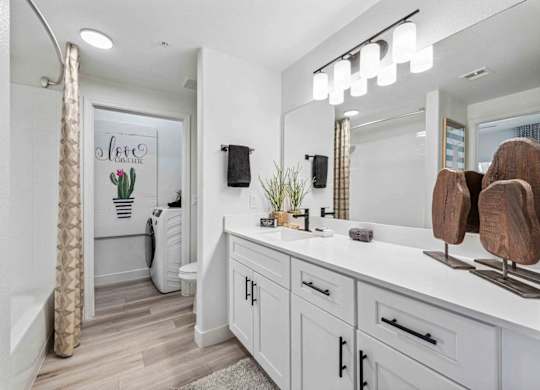 A bathroom with a white vanity and a mirror above it.