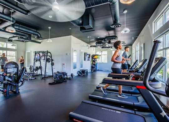 A gym with people working out and treadmills.