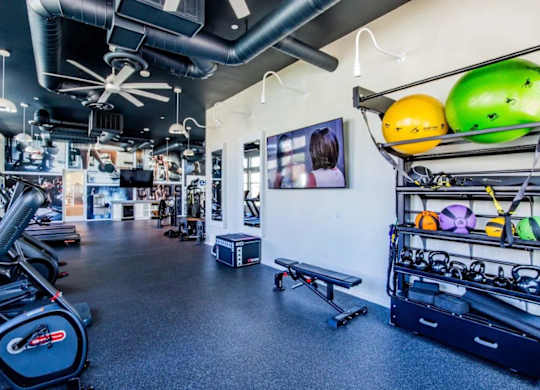 A gym with a variety of equipment including a stationary bike, a bench, and a wall-mounted rack with exercise balls.