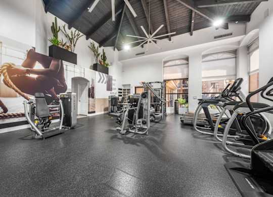 A gym with treadmills, exercise bikes, and other equipment.