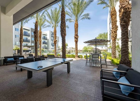 a patio with a ping pong table and chairs with palm trees in the background