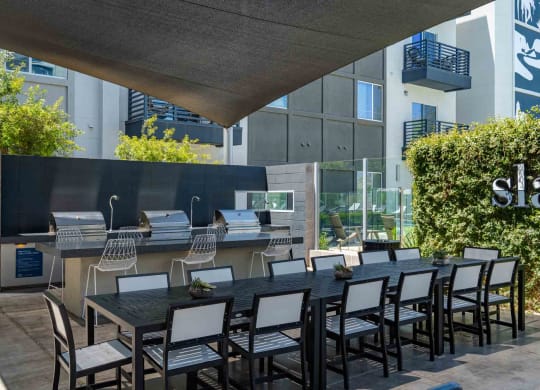 a long dining table with chairs in front of an outdoor kitchen