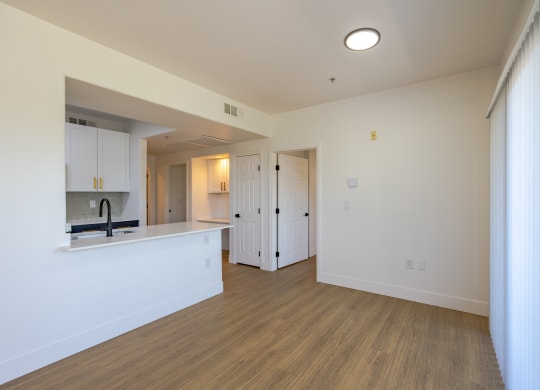 a kitchen and living room in an apartment