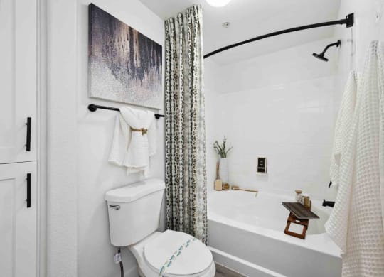 a bathroom with a white toilet next to a bathtub with a shower curtain