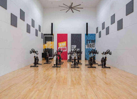 a gym with a wooden floor and a white wall with colourful paintings on it