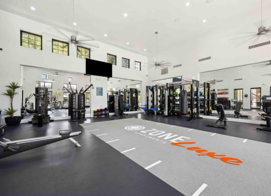 a gym with weights and cardio equipment