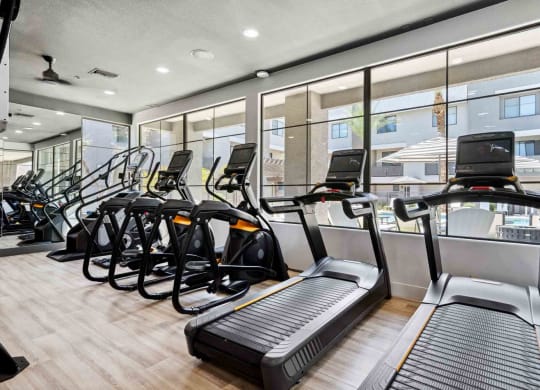 a gym with cardio equipment and large windows