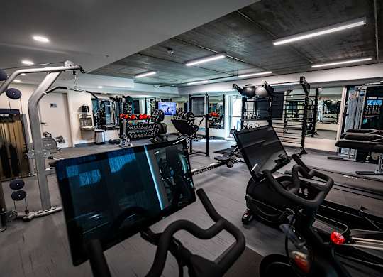 a home gym with weights and cardio equipment