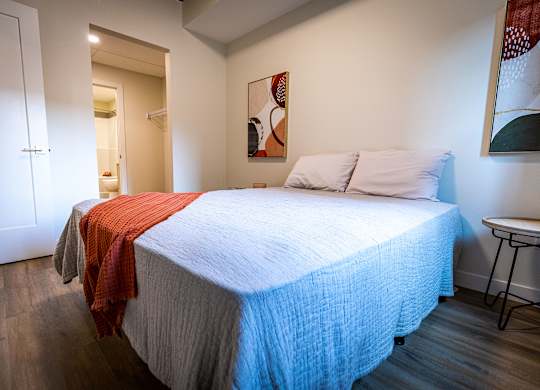a bedroom with a bed and a door to a bathroom