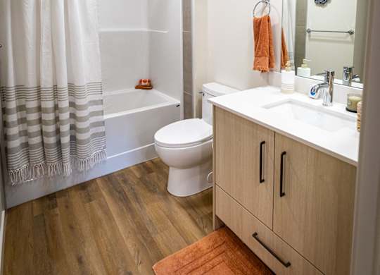 a bathroom with a shower toilet sink and a mirror